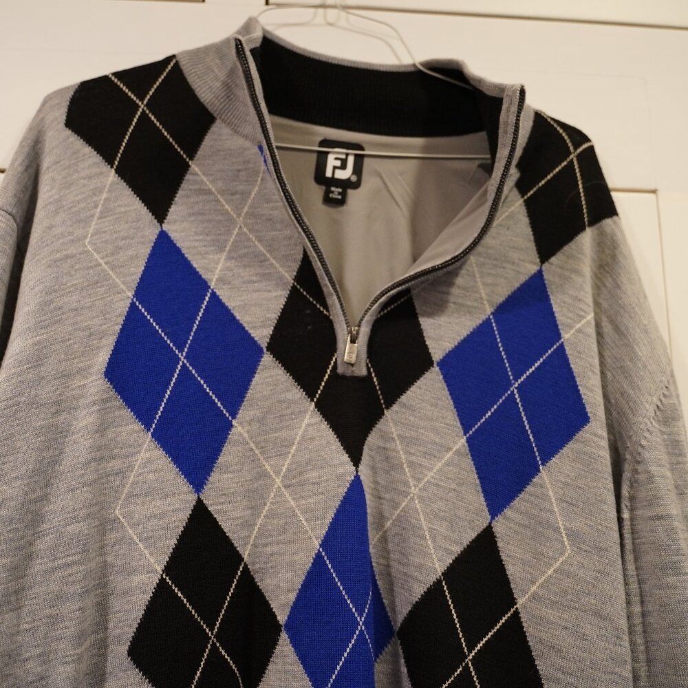 Footjoy Fj 1/2 Zip Lined Insulated Pullover 100% Wool Mens - Argoyle - Grey/Blue